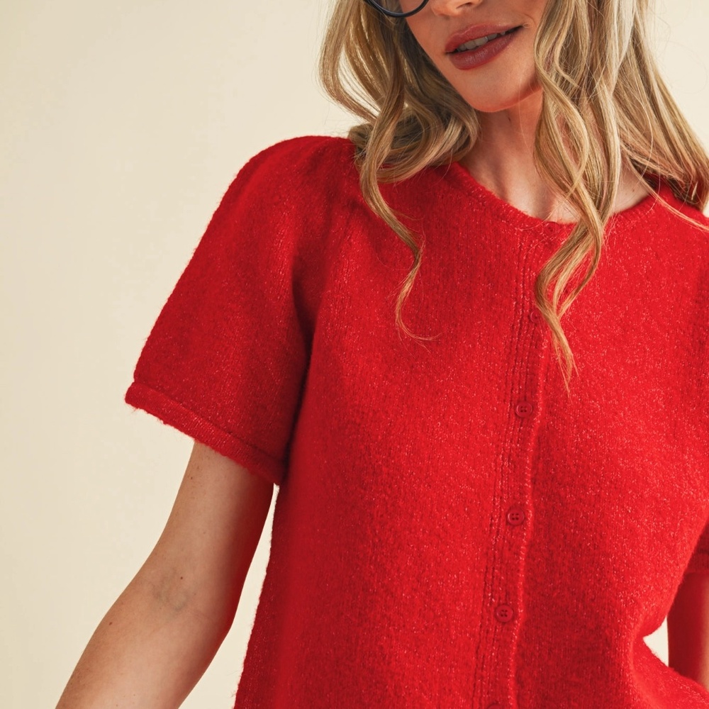 NWT Red Puff Sleeve Cardigan Sweater - Picture 8 of 8